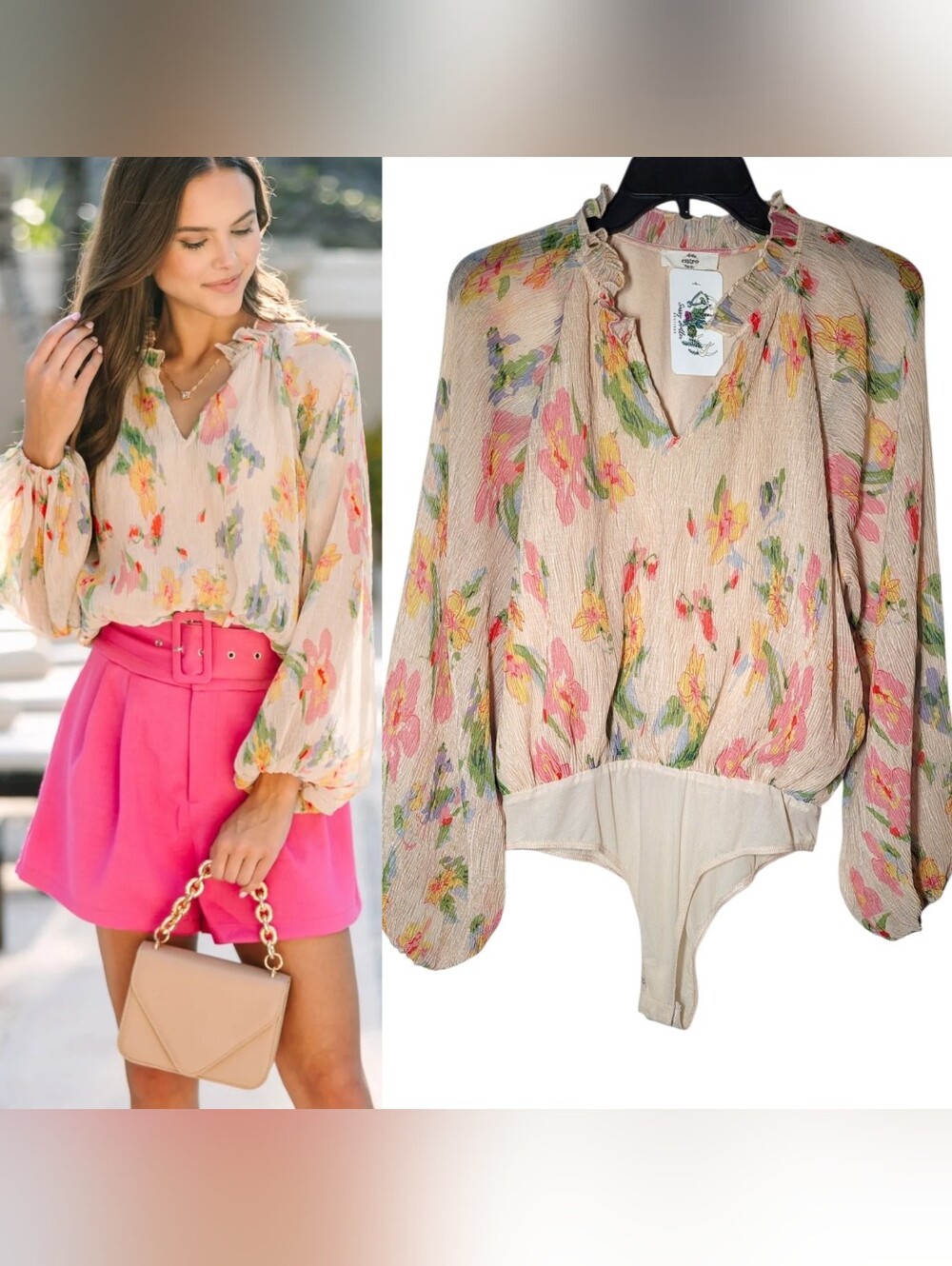 Entero Floral Ruffle V-Neck Long-Sleeve Bodysuit Top - Cream Pink